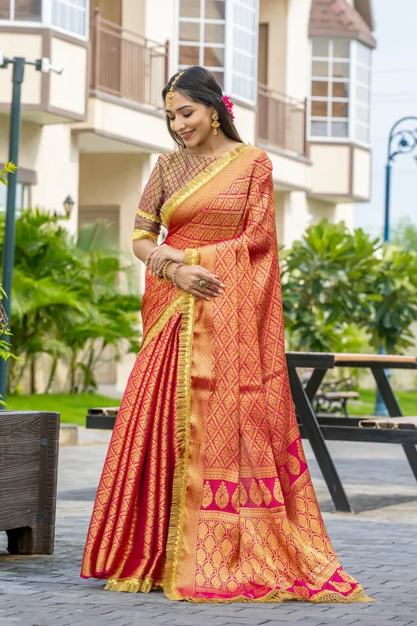Peachy_Orange_&_Golden_Red_Mysore_Brocade_Silk_With_Triple_Jari_Weaving_&_Dual_Lace_Work_Saree
