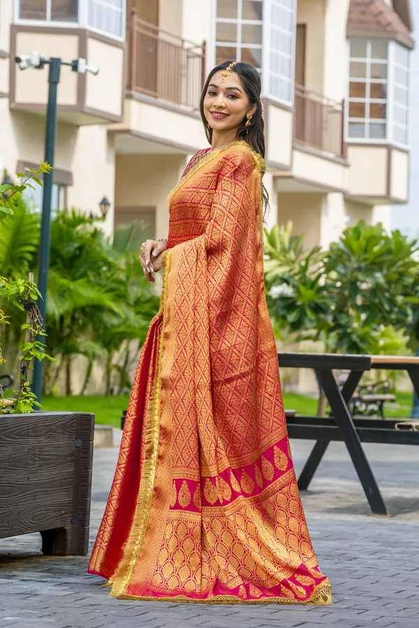 Peachy_Orange_&_Golden_Red_Mysore_Brocade_Silk_With_Triple_Jari_Weaving_&_Dual_Lace_Work_Saree