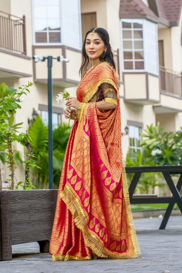 Peachy_Orange_&_Golden_Red_Mysore_Brocade_Silk_With_Triple_Jari_Weaving_&_Dual_Lace_Work_Saree