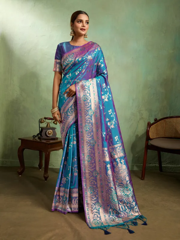 Turquoise_Blue_&_Purple_Banarasi_Silk_Saree_with_Silver_Zari_Detailing