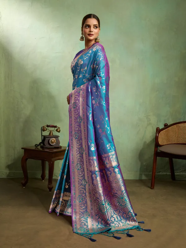 Turquoise_Blue_&_Purple_Banarasi_Silk_Saree_with_Silver_Zari_Detailing