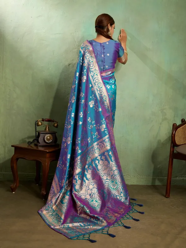 Turquoise_Blue_&_Purple_Banarasi_Silk_Saree_with_Silver_Zari_Detailing