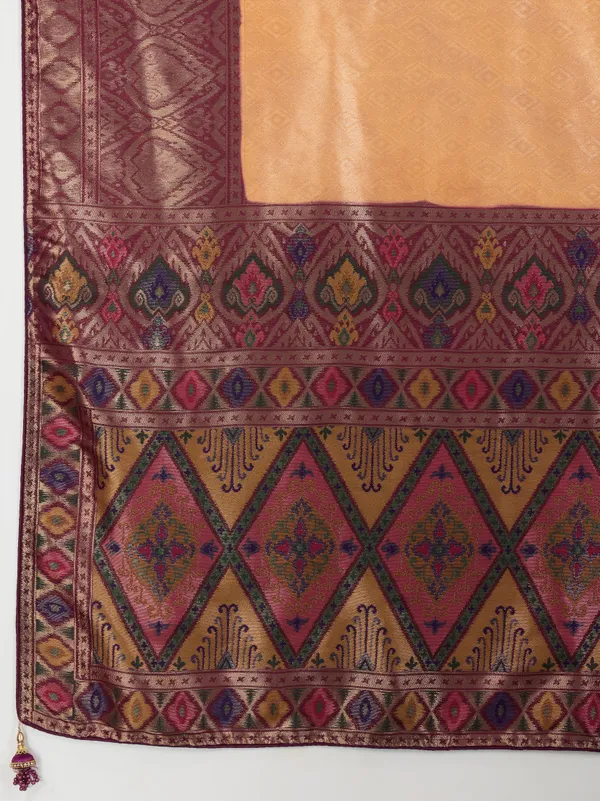 Golden_Peach_&_Plum_Zari_Silk_Saree_–_Premium_Temple_Border_Banarasi_Weave
