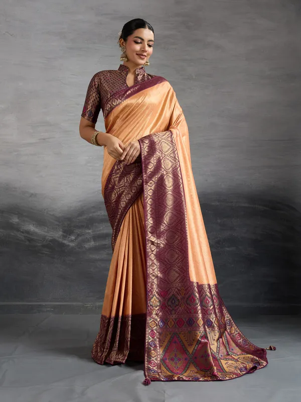 Golden_Peach_&_Plum_Zari_Silk_Saree_–_Premium_Temple_Border_Banarasi_Weave