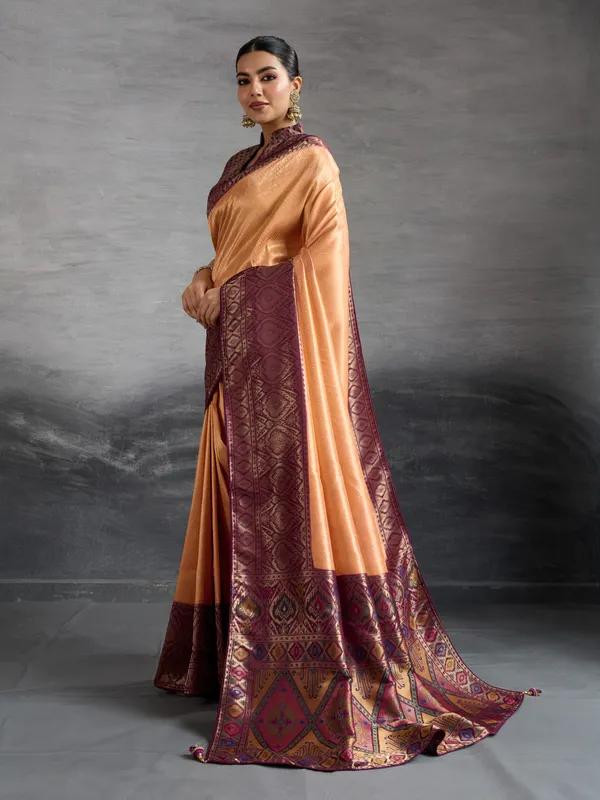 Golden_Peach_&_Plum_Zari_Silk_Saree_–_Premium_Temple_Border_Banarasi_Weave