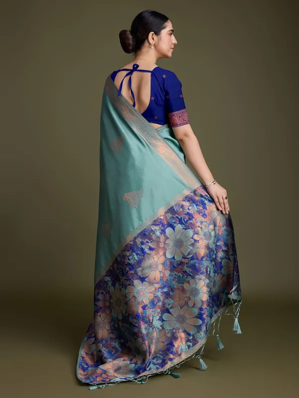 Blue_&_Green_Shiny_Dark_Soft_Banarasi_Silk_With_Fancy_Digital_Woven_Pallu_&_Navy_Blouse_Saree_For_Women