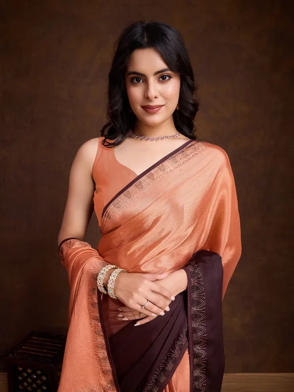 Pastel_Orange_&_Deep_Brown_Dual-Shaded_Swarovski_Chinon_Saree_with_Glossy_Finish