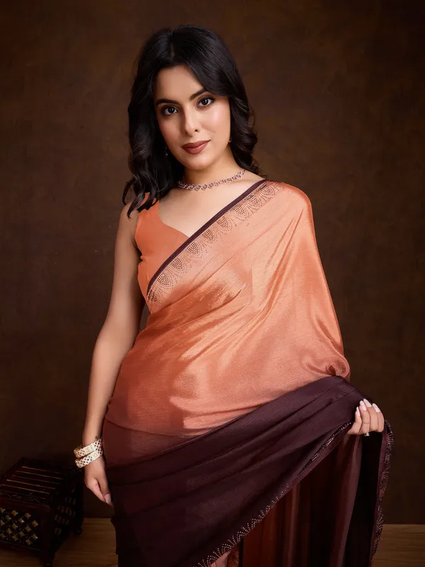 Pastel_Orange_&_Deep_Brown_Dual-Shaded_Swarovski_Chinon_Saree_with_Glossy_Finish