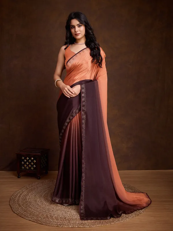 Pastel_Orange_&_Deep_Brown_Dual-Shaded_Swarovski_Chinon_Saree_with_Glossy_Finish