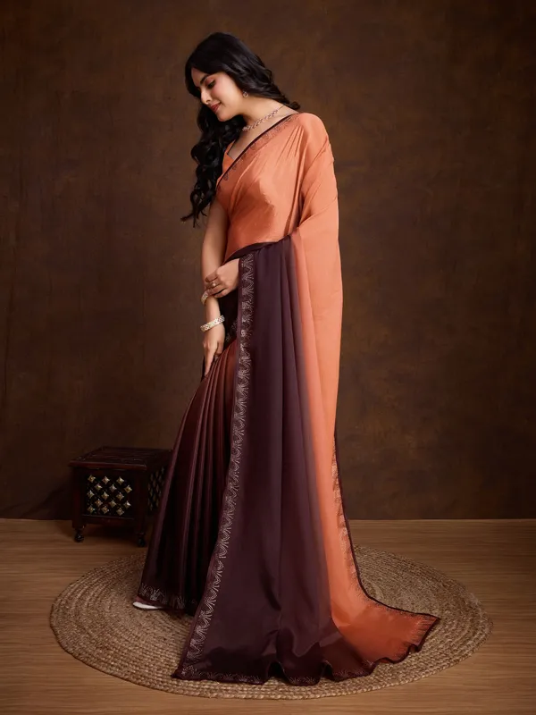 Pastel_Orange_&_Deep_Brown_Dual-Shaded_Swarovski_Chinon_Saree_with_Glossy_Finish