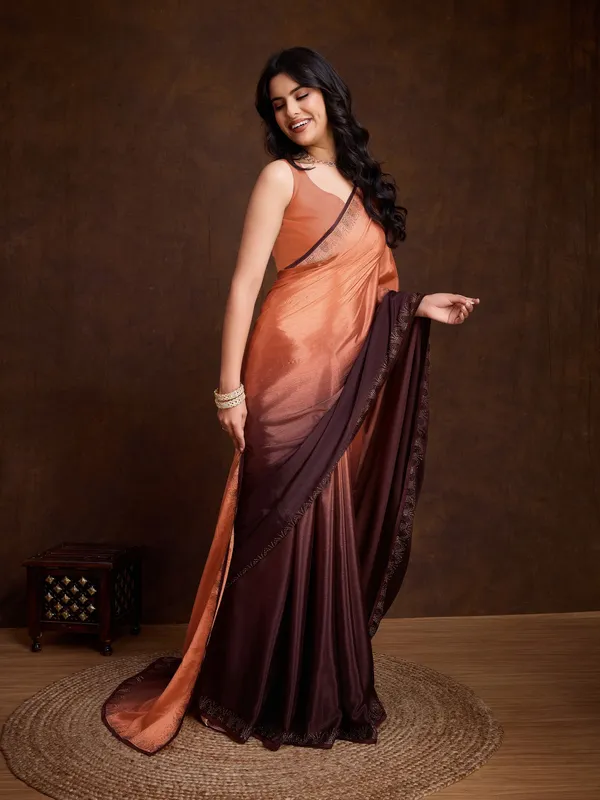 Pastel_Orange_&_Deep_Brown_Dual-Shaded_Swarovski_Chinon_Saree_with_Glossy_Finish