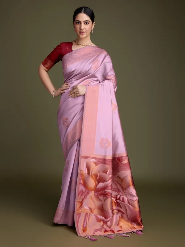 Pink_&_Red_Shiny_Soft_Banarasi_Silk_With_Fancy_Digital_Woven_Pallu_&_Maroon_Blouse_Saree_For_Women