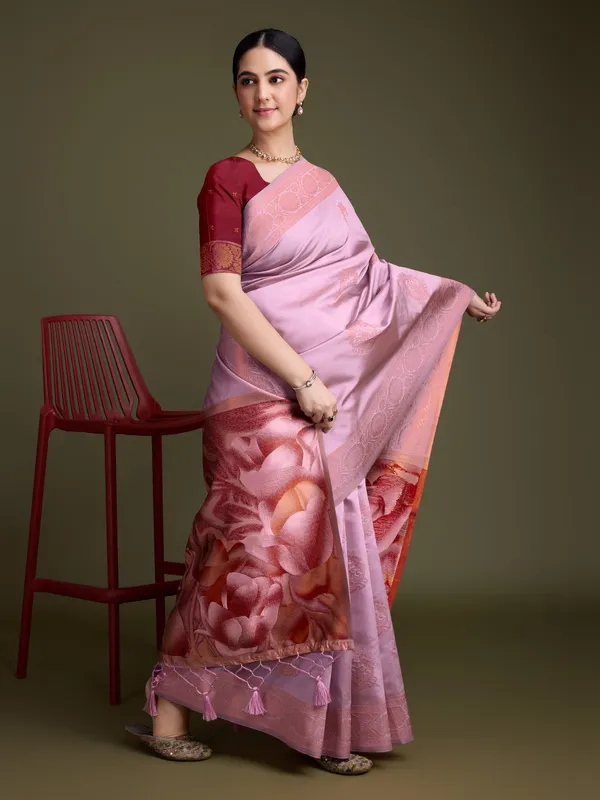 Pink_&_Red_Shiny_Soft_Banarasi_Silk_With_Fancy_Digital_Woven_Pallu_&_Maroon_Blouse_Saree_For_Women