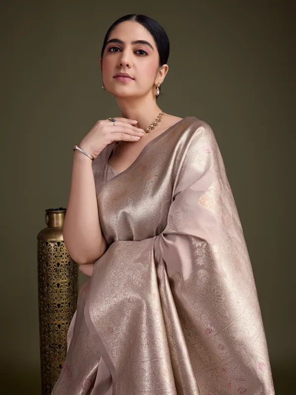 Dusty-Beige_Shiny_Vanilla_Cream_Soft_Silk_With_Silver_&_Meenakari_Zari_Saree_For_Women