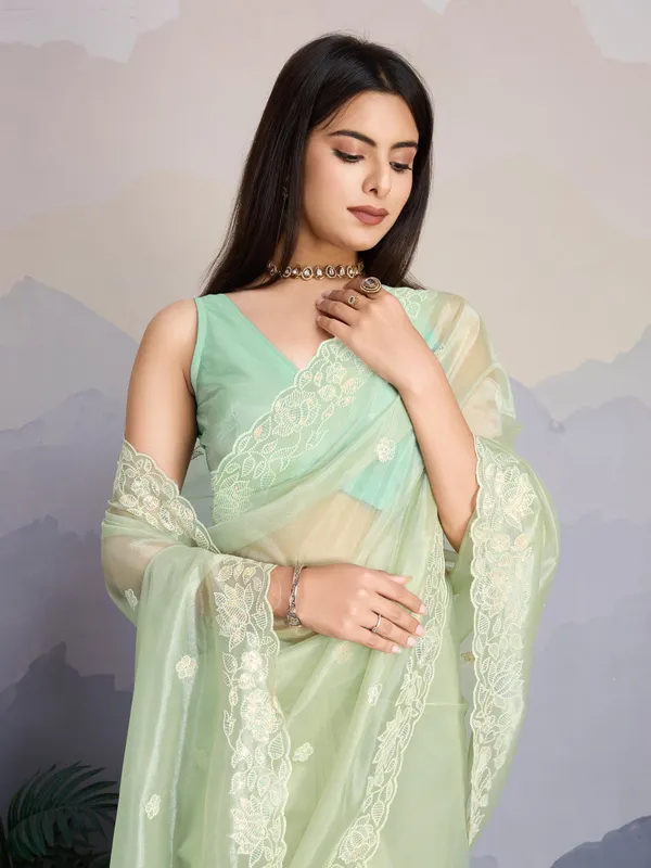 Pastel_Mint_Green_with_gold_infused_Twill_Saree_For_Women