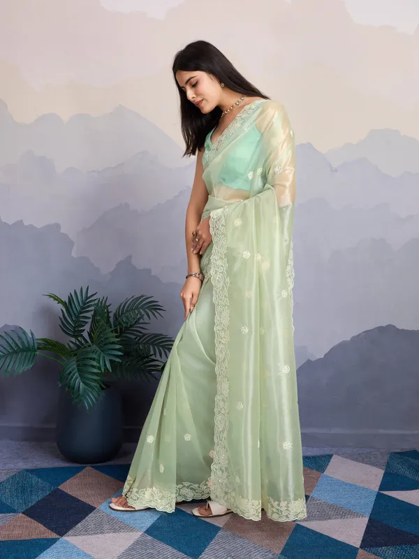 Pastel_Mint_Green_with_gold_infused_Twill_Saree_For_Women