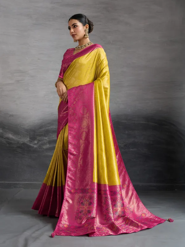 Mustard_Yellow_Kanjivaram_Soft_Silk_Saree_With_Rani_Pink_Zari_Border_&_Meenakari_Pallu_For_Women