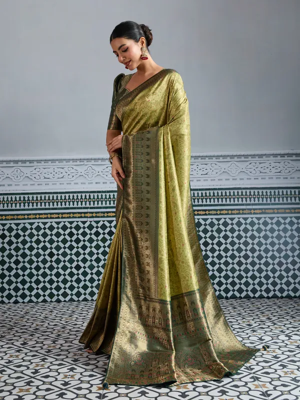 Olive_Green_Kanjivaram_Silk_Saree_With_Meenakari_Weaving_&_Antique_Bronze_Border_For_Women