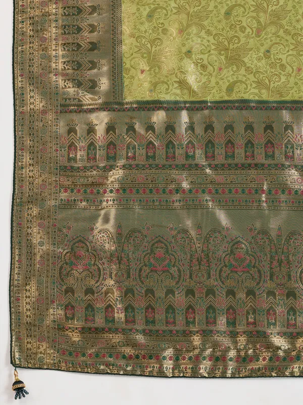 Olive_Green_Kanjivaram_Silk_Saree_With_Meenakari_Weaving_&_Antique_Bronze_Border_For_Women