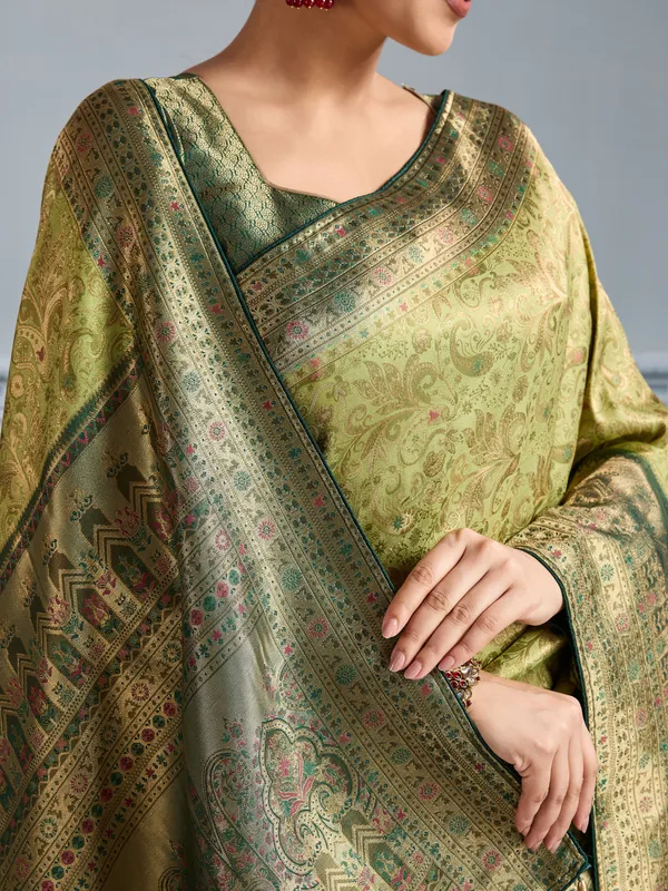 Olive_Green_Kanjivaram_Silk_Saree_With_Meenakari_Weaving_&_Antique_Bronze_Border_For_Women