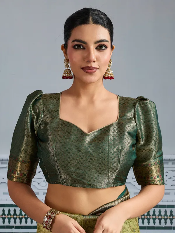 Olive_Green_Kanjivaram_Silk_Saree_With_Meenakari_Weaving_&_Antique_Bronze_Border_For_Women