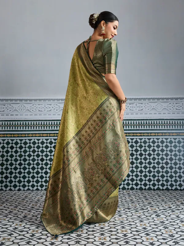 Olive_Green_Kanjivaram_Silk_Saree_With_Meenakari_Weaving_&_Antique_Bronze_Border_For_Women