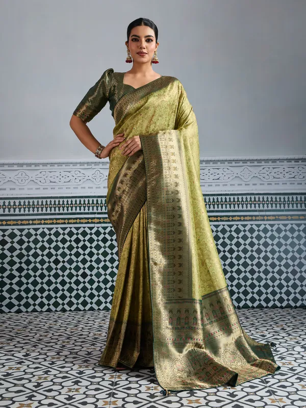 Olive_Green_Kanjivaram_Silk_Saree_With_Meenakari_Weaving_&_Antique_Bronze_Border_For_Women