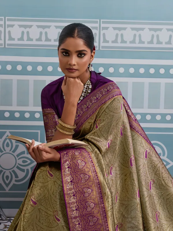 Golden_Beige_&_Purple_Kanjivaram_Silk_Saree