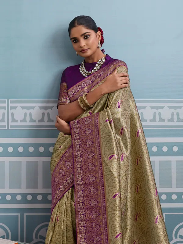 Golden_Beige_&_Purple_Kanjivaram_Silk_Saree