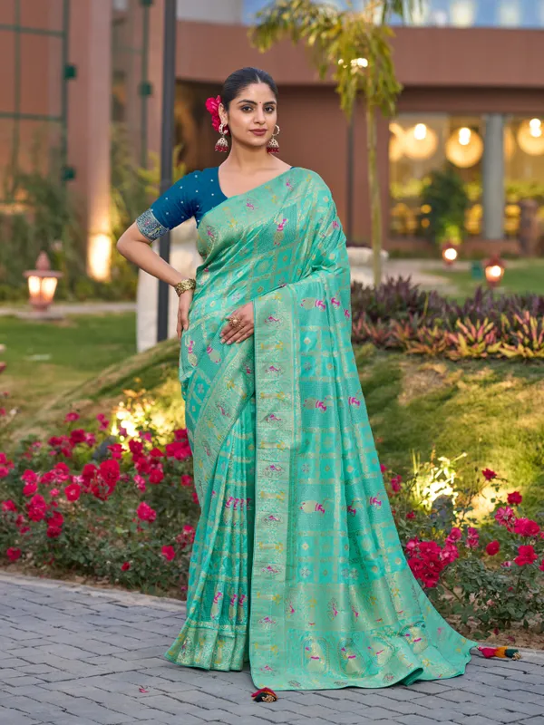 Vibrant_Leaf_Green_Dola_Silk_Gharchola_Bridal_Saree_With_Navy_Blue_Stone_Work_Blouse_For_Women