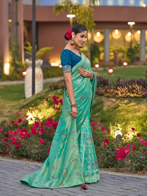 Vibrant_Leaf_Green_Dola_Silk_Gharchola_Bridal_Saree_With_Navy_Blue_Stone_Work_Blouse_For_Women