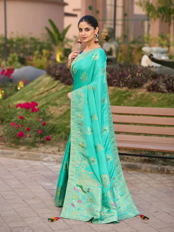 Aqua_Green_Gharchola_Saree_In_Pure_Dola_Silk_With_Zari_Weaving_For_Women