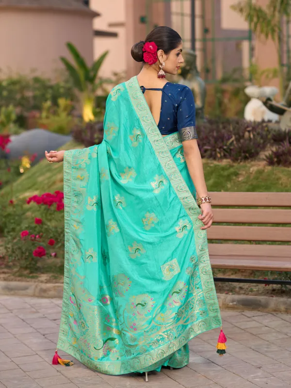 Aqua_Green_Gharchola_Saree_In_Pure_Dola_Silk_With_Zari_Weaving_For_Women