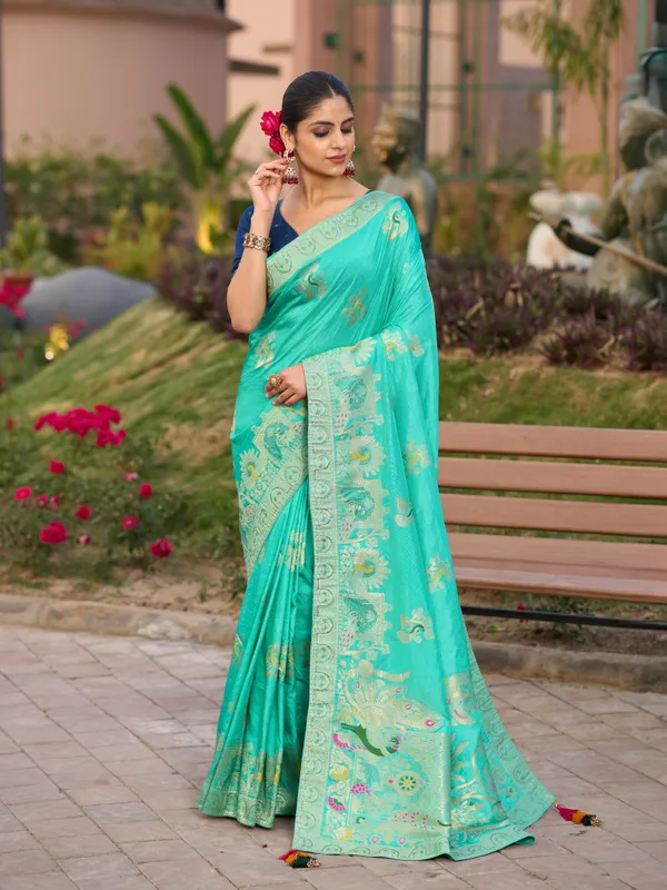 Aqua_Green_Gharchola_Saree_In_Pure_Dola_Silk_With_Zari_Weaving_For_Women