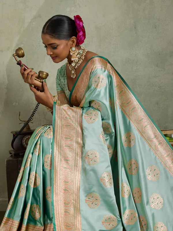 Sea_Green_Satin_Silk_Banarasi_Saree_with_Meenakari_&_Zari_Detailing