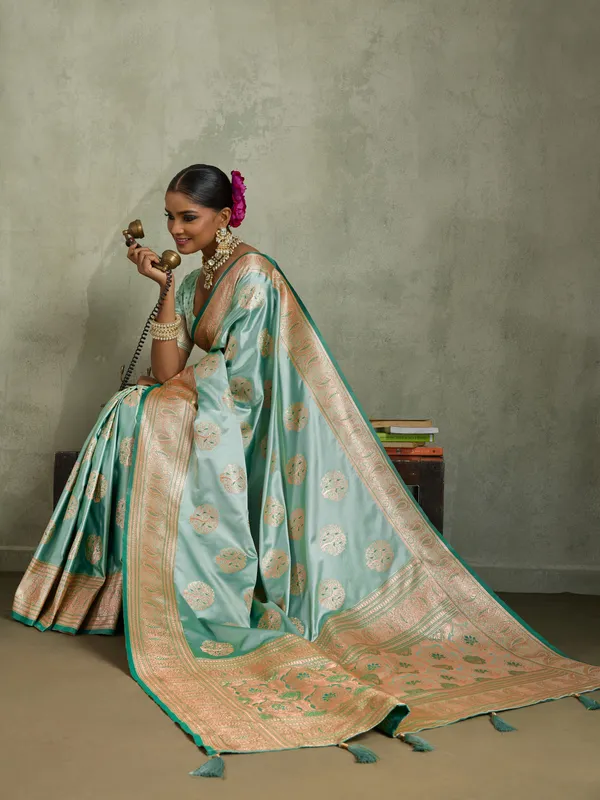 Sea_Green_Satin_Silk_Banarasi_Saree_with_Meenakari_&_Zari_Detailing