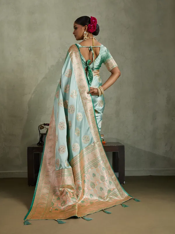 Sea_Green_Satin_Silk_Banarasi_Saree_with_Meenakari_&_Zari_Detailing
