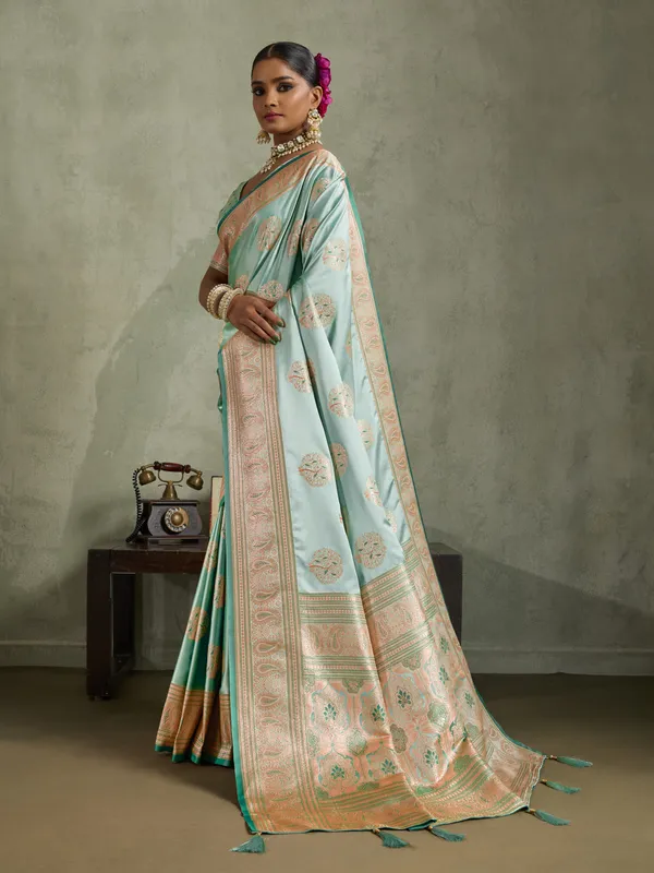 Sea_Green_Satin_Silk_Banarasi_Saree_with_Meenakari_&_Zari_Detailing