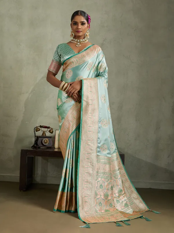 Sea_Green_Satin_Silk_Banarasi_Saree_with_Meenakari_&_Zari_Detailing