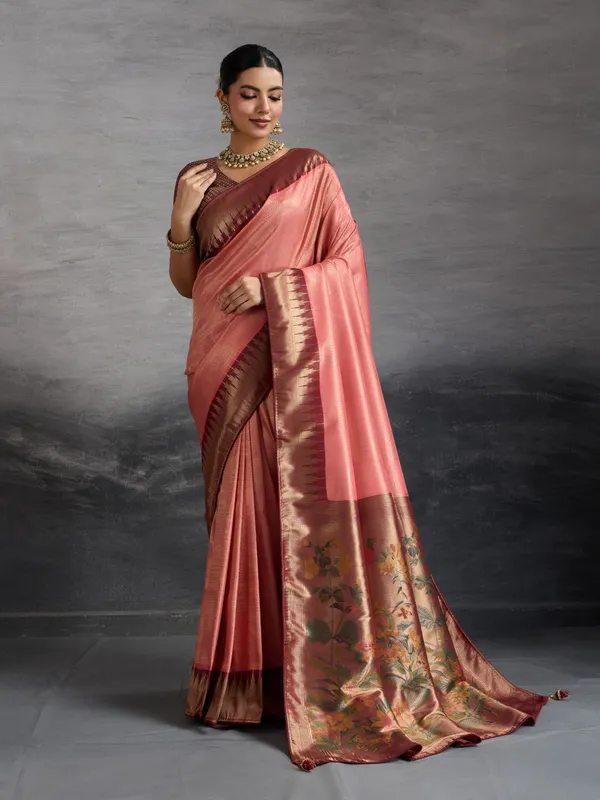 Brown_&_Peach_Pink_Kanjivaram_Soft_Silk_Saree