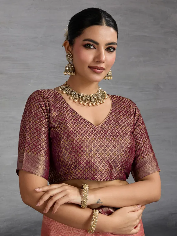 Brown_&_Peach_Pink_Kanjivaram_Soft_Silk_Saree