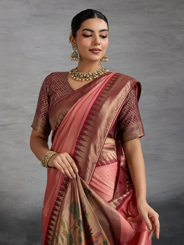 Brown_&_Peach_Pink_Kanjivaram_Soft_Silk_Saree