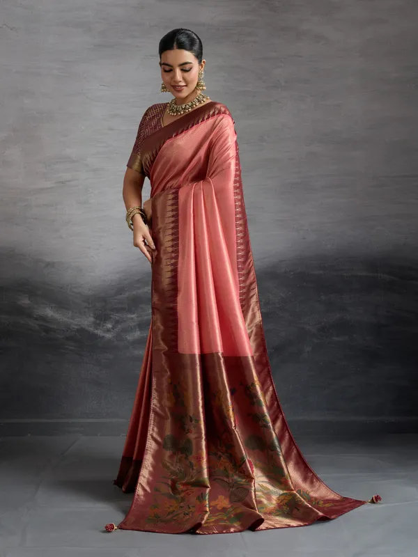 Brown_&_Peach_Pink_Kanjivaram_Soft_Silk_Saree