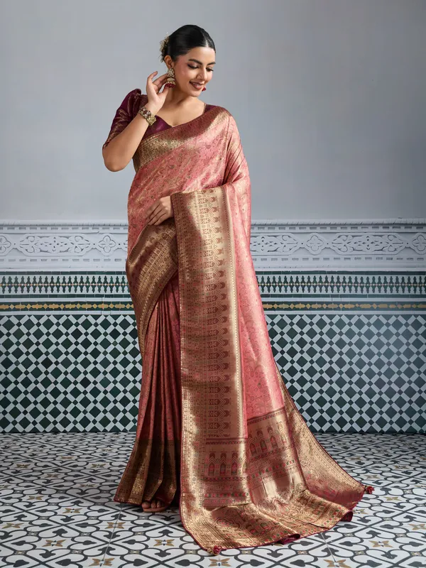 Rose_Gold_&_Wine_Kanjivaram_Silk_Saree_With_Meenakari_Weave_&_Zari_Detailing_For_Women