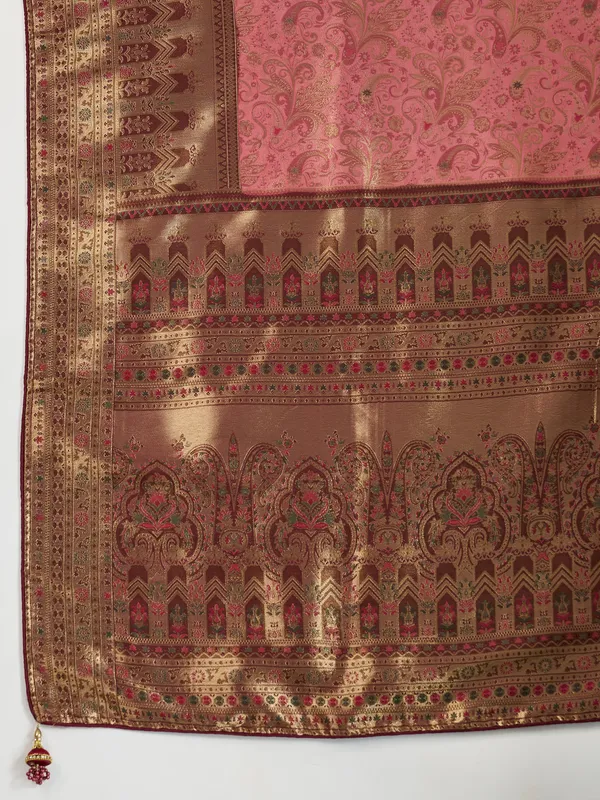 Rose_Gold_&_Wine_Kanjivaram_Silk_Saree_With_Meenakari_Weave_&_Zari_Detailing_For_Women
