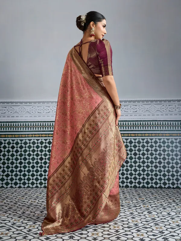 Rose_Gold_&_Wine_Kanjivaram_Silk_Saree_With_Meenakari_Weave_&_Zari_Detailing_For_Women