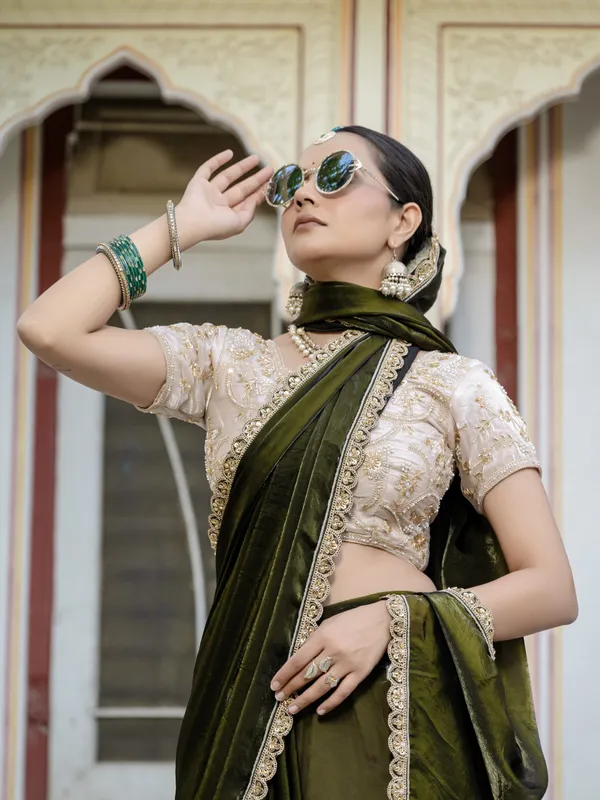 Deep_Olive_Green_Velvet_Satin_Saree_For_Women
