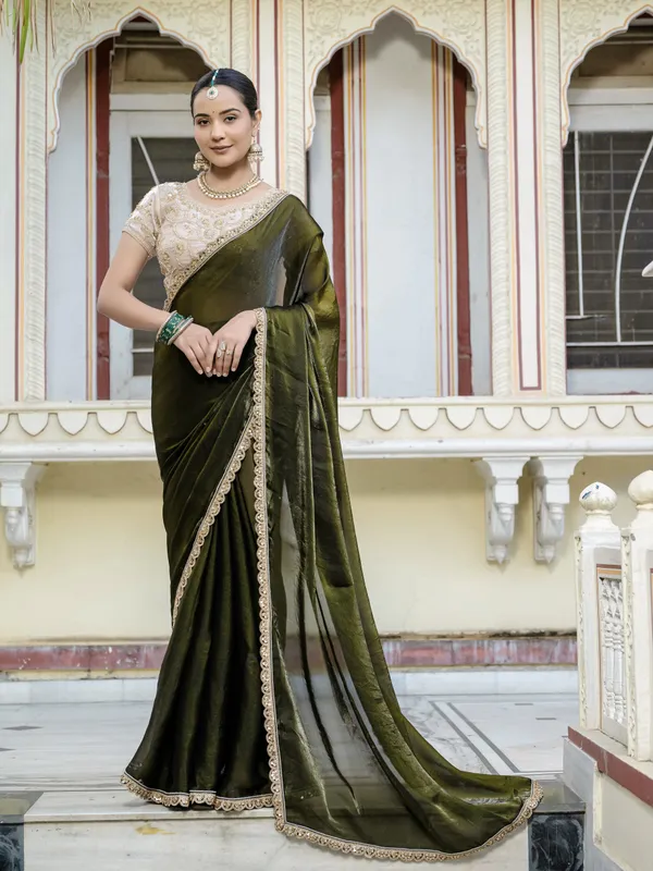 Deep_Olive_Green_Velvet_Satin_Saree_For_Women