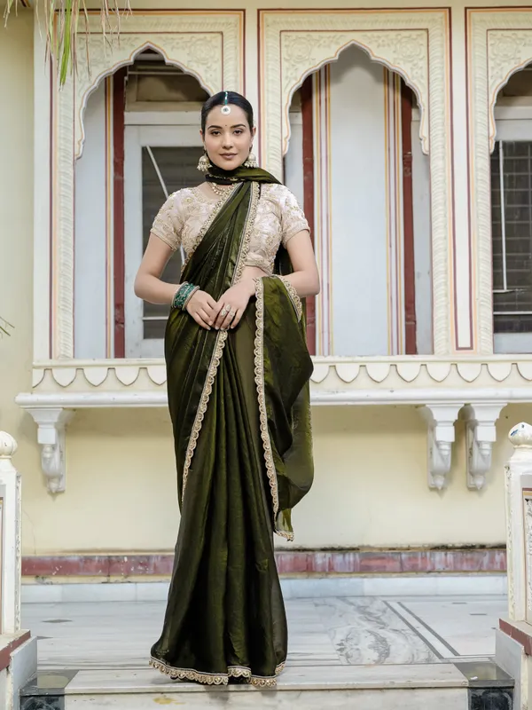 Deep_Olive_Green_Velvet_Satin_Saree_For_Women