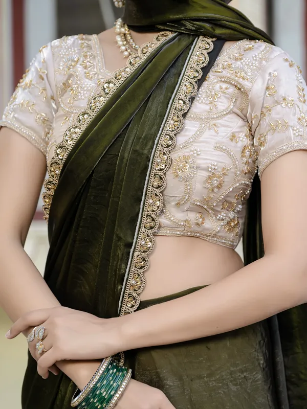Deep_Olive_Green_Velvet_Satin_Saree_For_Women